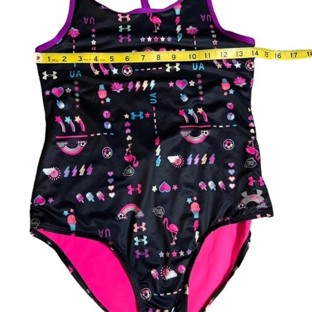Under Armour One Piece Swimsuit Size 16 Black Hot Pink Modest Lined Graphic